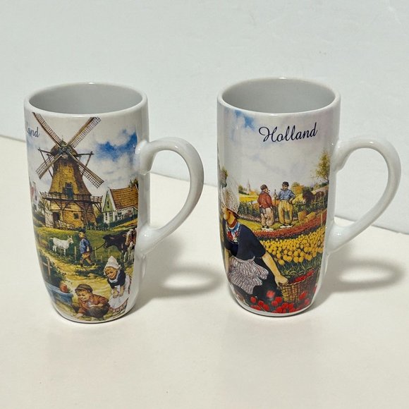 Set 2 Tall Holland Cup Mug Children Windmill Tulips 4.5" All Dutch by TS Holland - Picture 2 of 16